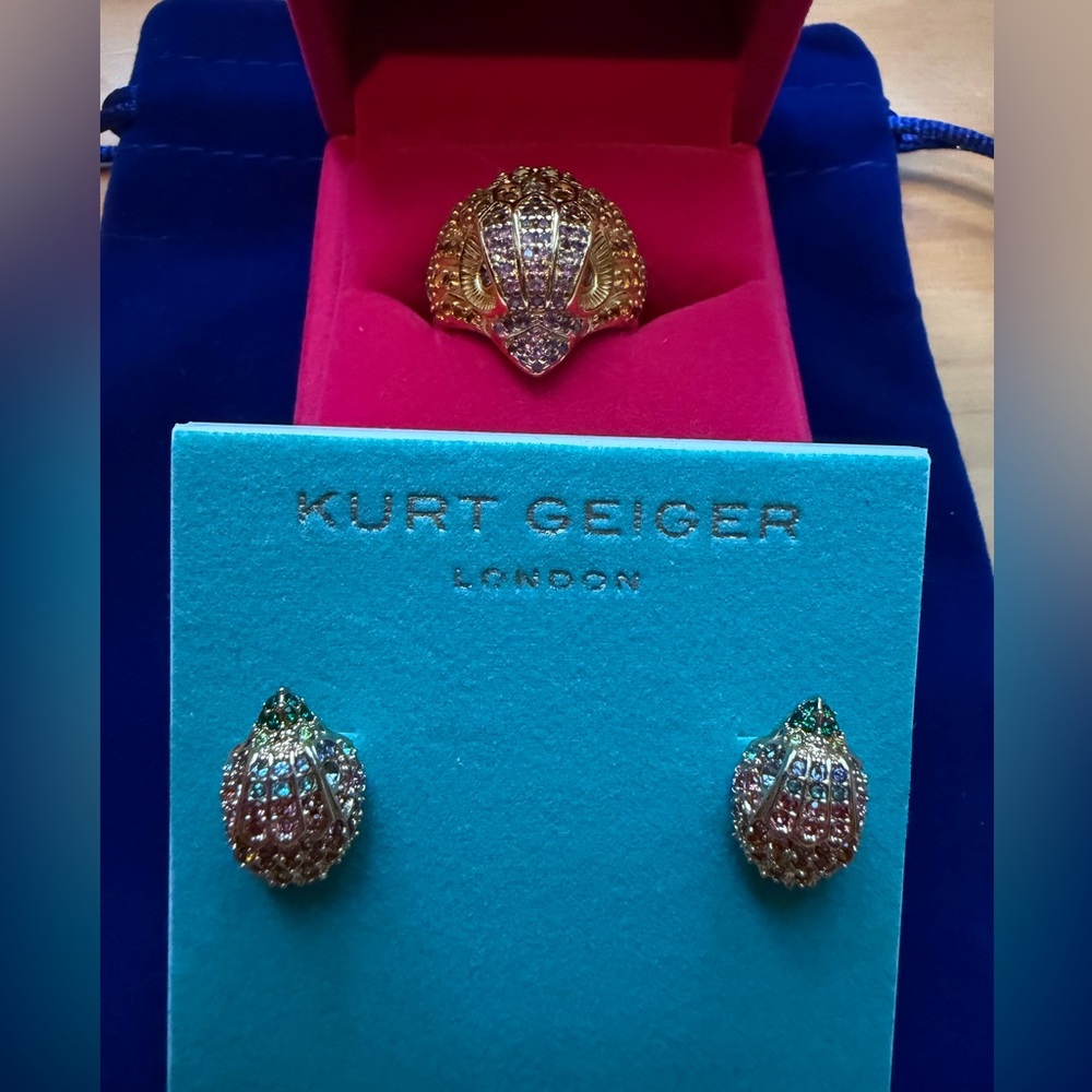 Kurt Geiger Gold Rainbow Size 8 Ring and Earrings Set